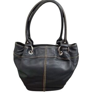Tignanello Black Leather Shoulder Bag Hobo Contrast Stitch Striped Lining Silver